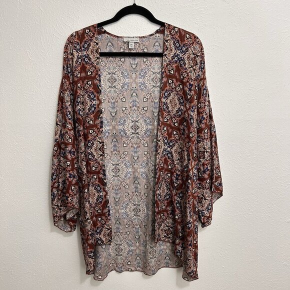 Allison Terracotta Leoni Kimono Wrap Short Sleeve Brown Ikat Floral Sz M/L Boho - Picture 1 of 9